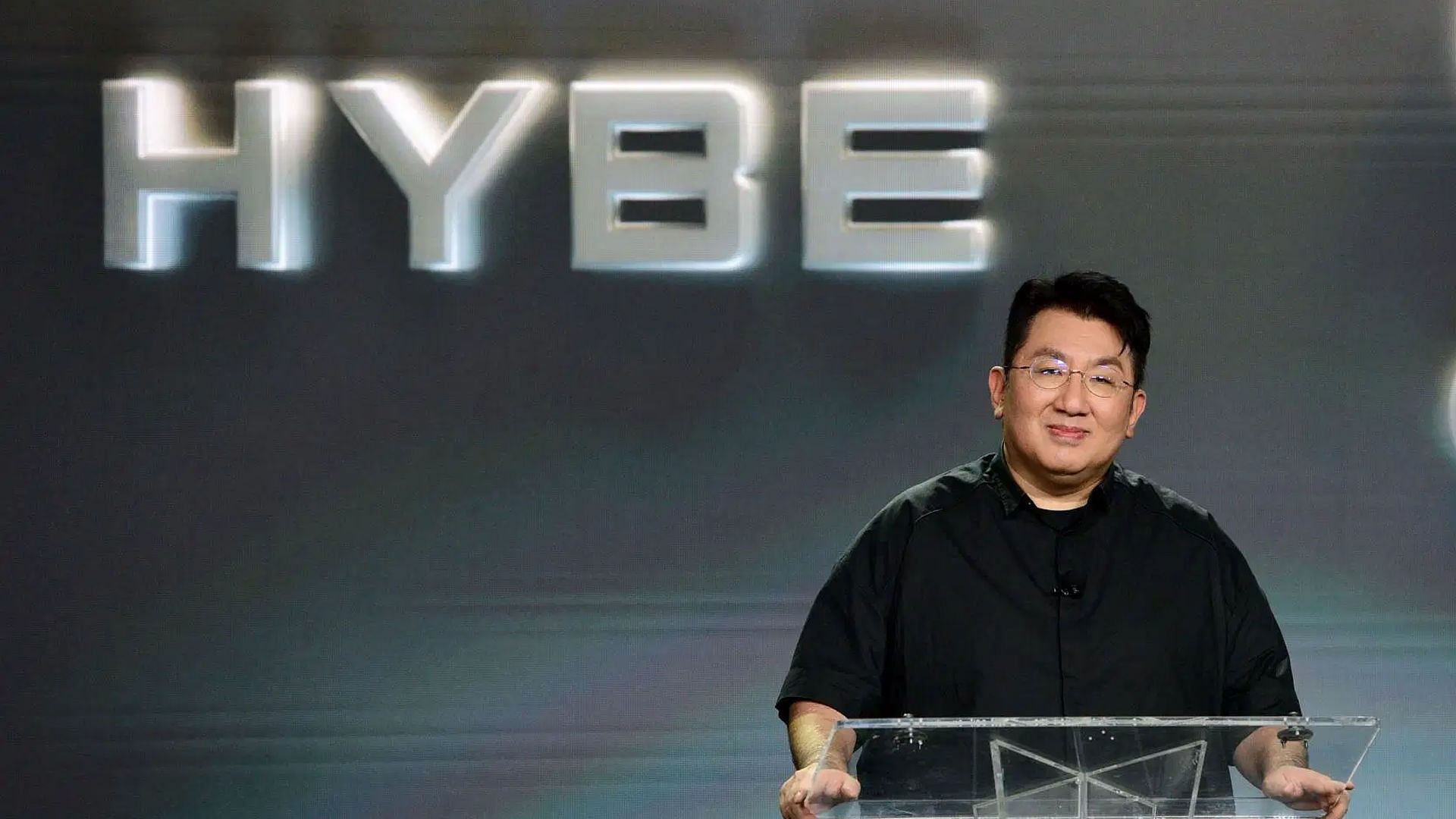 Bang Si-hyuk attends the HYBE x Geffen Records panel, revealing contestants for the upcoming global girl group. (Source: Getty)
